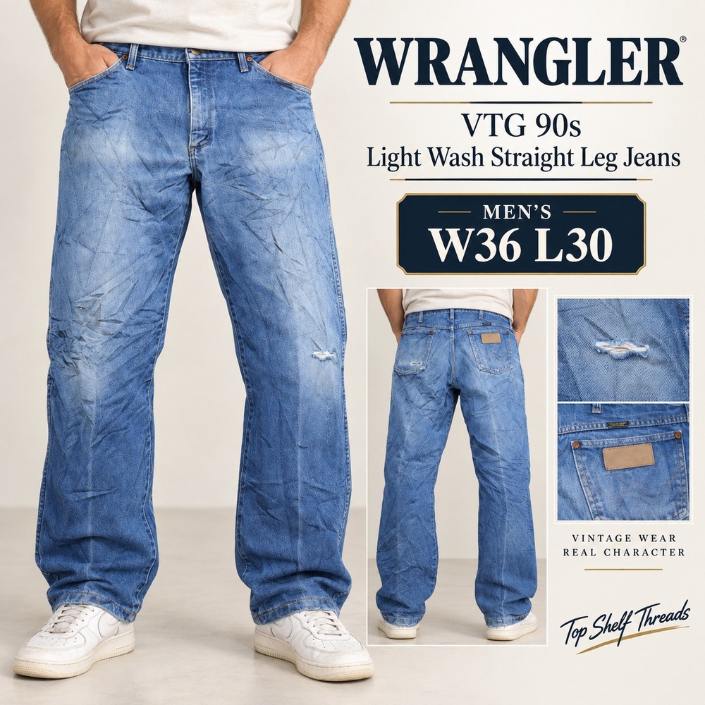 VTG 90s Wrangler Men W36 L30 Light Wash USA Made Straight Leg Distressed Jeans